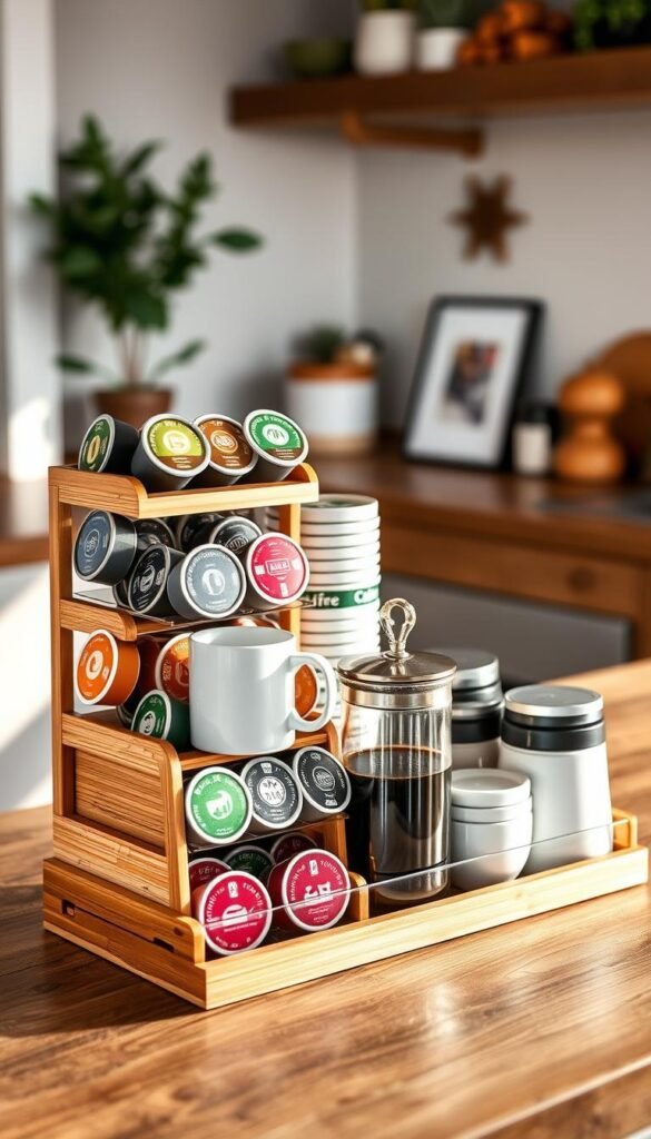 A stylish coffee station organizer fully stocked with coffee pods, flavored syrups, cups, and lids, arranged neatly on a rustic wooden kitchen countertop. The foreground features a sleek, multi-tiered organizer made from bamboo, showcasing colorful coffee pod varieties in clear compartments. In the middle, a cozy setup includes a ceramic coffee mug and a glass syrup dispenser, with subtle reflections from nearby morning light. The background reveals a softly blurred kitchen scene with warm, inviting tones, accentuated by decorative elements like a potted plant and a chic wall art. The overall atmosphere is warm and welcoming, designed to inspire organization while enhancing home decor. Ideal for Pinterest, this image embodies the essence of "CozyTrendHub". A stylish coffee station organizer fully stocked with coffee pods, flavored syrups, cups, and lids, arranged neatly on a rustic wooden kitchen countertop. The foreground features a sleek, multi-tiered organizer made from bamboo, showcasing colorful coffee pod varieties in clear compartments. In the middle, a cozy setup includes a ceramic coffee mug and a glass syrup dispenser, with subtle reflections from nearby morning light. The background reveals a softly blurred kitchen scene with warm, inviting tones, accentuated by decorative elements like a potted plant and a chic wall art. The overall atmosphere is warm and welcoming, designed to inspire organization while enhancing home decor. Ideal for Pinterest, this image embodies the essence of "CozyTrendHub".