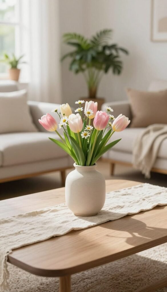 A stylish coffee table centerpiece featuring a minimalist design that reflects spring beauty. In the foreground, a low-profile ceramic vase holds a fresh arrangement of pastel-colored tulips and daisies. The middle layer showcases a soft, textured linen table runner in a light beige, enhancing warmth and cohesion. The background features a bright, airy apartment living room with subtle green plants in natural light streaming through a window, creating an inviting atmosphere. The scene is captured with a shallow depth of field, emphasizing the centerpiece while softly blurring the surroundings. The overall mood is calm and refreshing, embodying a cozy, spring-inspired vibe as seen on CozyTrendHub. A stylish coffee table centerpiece featuring a minimalist design that reflects spring beauty. In the foreground, a low-profile ceramic vase holds a fresh arrangement of pastel-colored tulips and daisies. The middle layer showcases a soft, textured linen table runner in a light beige, enhancing warmth and cohesion. The background features a bright, airy apartment living room with subtle green plants in natural light streaming through a window, creating an inviting atmosphere. The scene is captured with a shallow depth of field, emphasizing the centerpiece while softly blurring the surroundings. The overall mood is calm and refreshing, embodying a cozy, spring-inspired vibe as seen on CozyTrendHub.