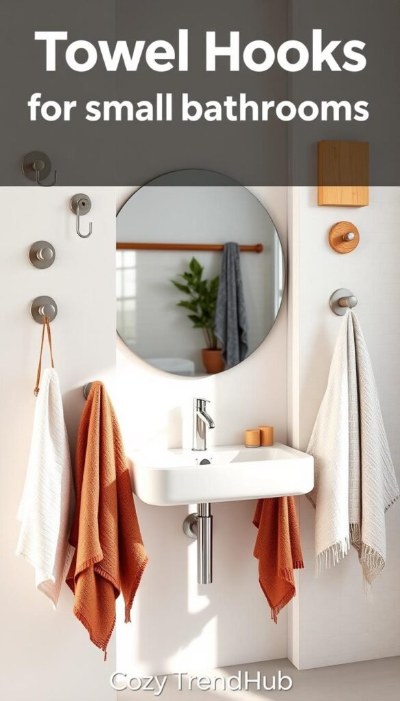 A stylish collection of towel hooks designed for small bathrooms, strategically arranged on a clean, light-colored wall. The foreground features a variety of towel hooks, including modern metal designs and rustic wooden options, each hanging plush, colorful towels. In the middle ground, a sleek, minimalistic bathroom sink with polished fixtures reflects natural light. The background showcases soft, textured tiles and a potted plant adding a touch of warmth. The scene is illuminated by soft, diffused lighting, creating an inviting and organized atmosphere. The image should feel cozy and stylish, ideal for Pinterest boards. Brand name: CozyTrendHub.