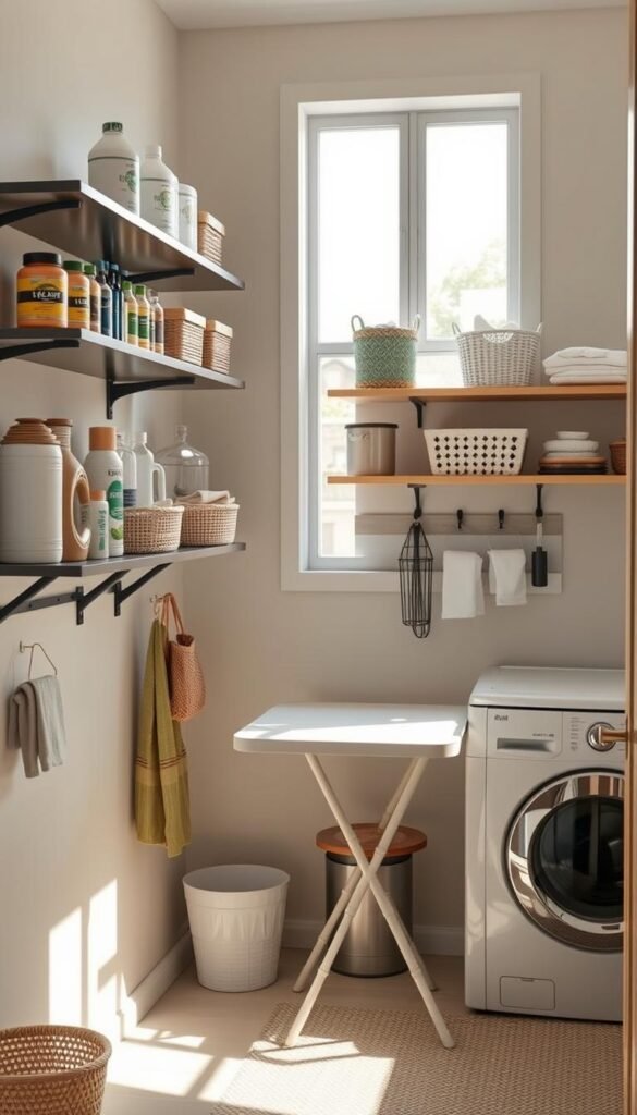 A stylish, compact laundry room featuring wall-mounted shelving filled with neatly organized supplies. In the foreground, aesthetically arranged cleaning products, baskets, and laundry essentials are displayed on sleek, modern shelves. The middle ground showcases a chic, wall-mounted folding table, complemented by decorative hooks for tools and accessories. The background includes a stylish washing machine, accented with subtle lighting that highlights the organized space. Natural light filters in from a window, casting soft shadows and creating a warm atmosphere. The decor features a blend of earthy tones and pastel accents, embodying the CozyTrendHub brand's inviting style. The overall mood is functional yet cozy, ideal for small-space laundry solutions.