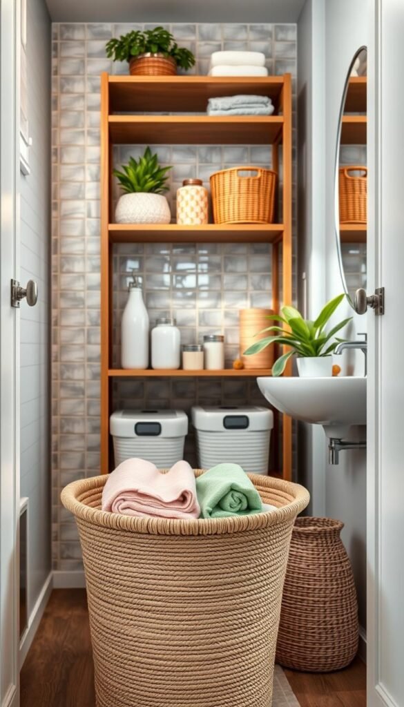 A stylish, compact laundry storage solution designed for a tiny bathroom in a modern apartment. In the foreground, showcase a well-organized laundry basket made of natural fibers, paired with folded towels in pastel colors. The middle ground features a sleek wooden shelving unit with neatly stacked baskets, vibrant plants, and decorative jars, creating a warm and inviting atmosphere. In the background, a beautifully tiled wall adds texture, with a small mirror reflecting soft, natural light streaming in through a window. The overall mood is cozy and functional, capturing the essence of smart organization in compact spaces. The image should embody the CozyTrendHub brand aesthetic, exuding a sense of contemporary lifestyle and home decor charm.