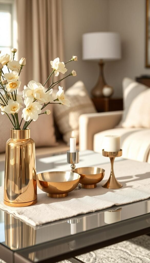 A stylish composition showcasing a mixed-metal accent set featuring elegant brass and nickel finishes. In the foreground, a chic collection of decorative items, including a polished brass vase filled with soft neutral flowers, a sleek nickel candle holder with a lit candle, and a small brass bowl. The middle of the image displays a sophisticated coffee table, adorned with a soft linen table runner in a light beige hue. The background showcases a tastefully decorated living room with a muted palette, featuring textured pillows and a soft throw blanket. Natural light streams in from a nearby window, creating a warm and inviting atmosphere. The focus is sharp, capturing the delicate details of the finishes, evoking a serene and stylish ambiance. Designed for CozyTrendHub, this image will inspire readers with its elegant mix of textures and tones.