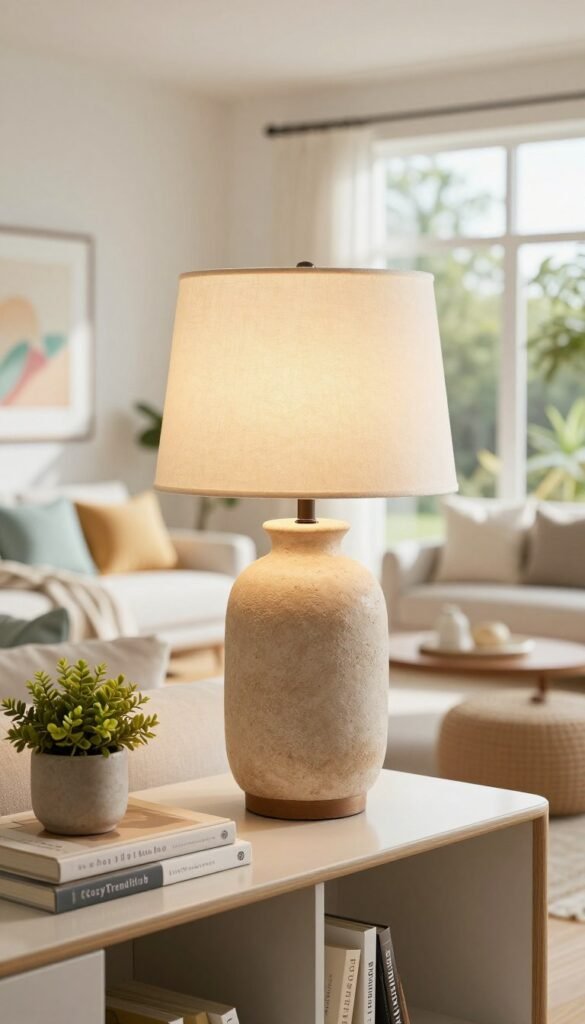 A stylish console table lamp designed for a contemporary living room setting, featuring a warm-hued ceramic base with a textured finish and a soft fabric shade. The lamp is placed elegantly on a sleek, modern console table adorned with decorative books and a small potted plant. In the background, a bright, airy open space showcases plush seating and vibrant summer decor, like light pastel cushions and artwork. Soft, natural lighting filters in through large windows, casting a gentle glow that enhances the inviting atmosphere. This Pinterest-style lifestyle photo by CozyTrendHub captures a serene and refreshing summer vibe, ideal for open-concept layouts. The perspective is slightly angled, emphasizing both the lamp and the stylish decor surrounding it, creating a harmonious composition perfect for seasonal decoration inspiration.