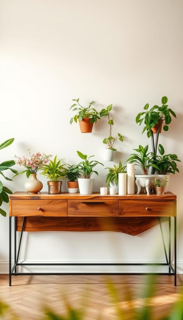 A stylish console table made of reclaimed wood stands against a soft, pastel-colored wall, adorned with various potted greenery to create a fresh, spring-inspired vibe. In the foreground, the console features decorative items like a small, elegant vase filled with fresh flowers and a few artfully arranged candles. The middle ground showcases a variety of vibrant plants, creating levels of greenery that evoke a lively atmosphere. In the background, a warm, natural light filters through a window, enhancing the inviting ambiance. Capture this scene with a soft-focus lens, showcasing textures and details while maintaining a cozy, Pinterest-style aesthetic. The image reflects the essence of spring decor for shared spaces, brought to life by CozyTrendHub.