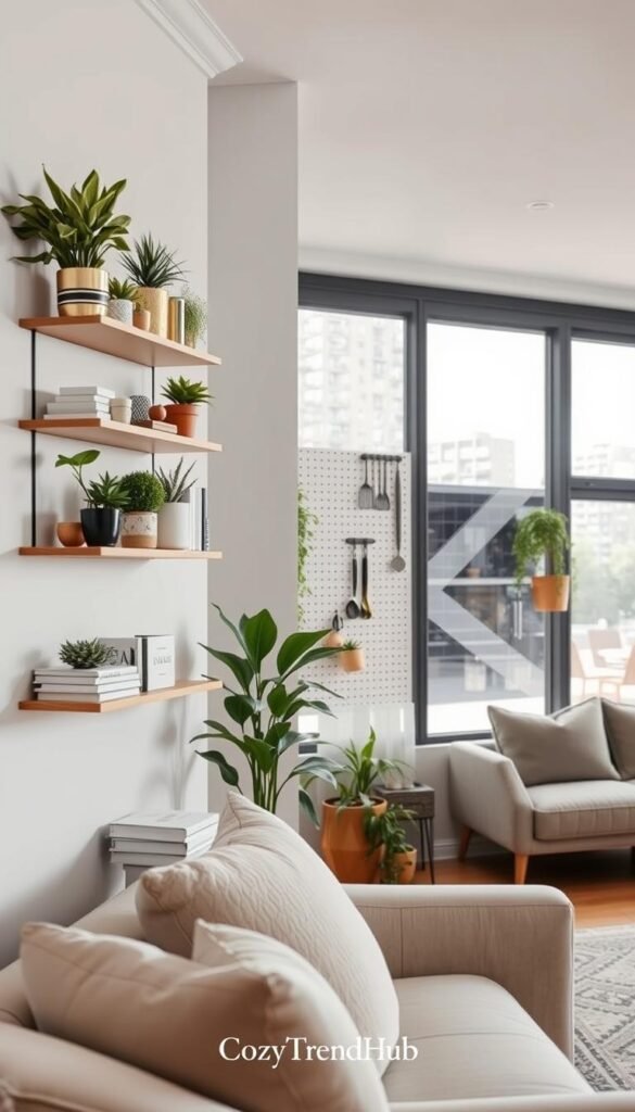 A stylish, contemporary living space showcasing effective vertical wall organization ideas. In the foreground, a beautifully arranged wall-mounted shelf holds an array of indoor plants, decorative books, and small storage boxes, demonstrating smart product usage. The middle ground features an eye-catching pegboard neatly displaying kitchen utensils and spices, adding a functional yet aesthetic touch. In the background, large windows allow natural light to flood the room, creating a warm, inviting atmosphere. The overall decor reflects a modern Pinterest-style with soft, neutral tones and minimalist furniture. Capture the image with soft diffused lighting from the windows, emphasizing the organizational features and highlighting the brand "CozyTrendHub" through stylish decor elements. Aim for a cozy, inspiring vibe that encourages small space innovation.