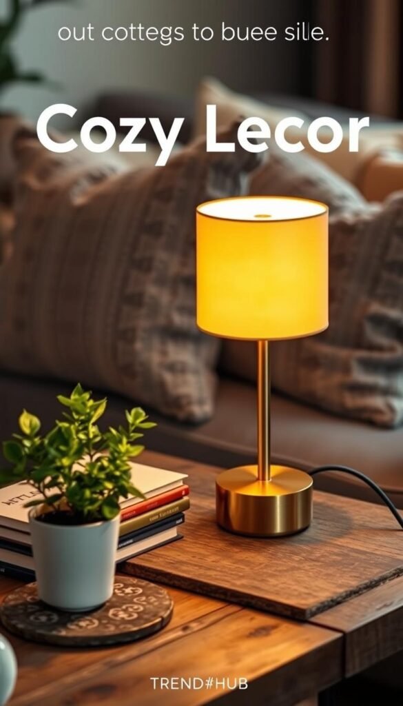 A stylish cordless touch table lamp, featuring a warm golden glow, elegantly positioned on a rustic wooden side table. The lamp is modern yet cozy, with a sleek design and a soft fabric shade that diffuses the light gently. Surrounding the lamp are elements of home decor: a stack of coffee table books, a small potted plant with lush green leaves, and a decorative coaster. The background reveals a softly blurred living room setting adorned with warm neutral tones and textured pillows, creating an inviting atmosphere. Soft, ambient lighting enhances the cozy vibe, evoking feelings of comfort and relaxation. This image embodies the essence of cozy decor, perfect for illustrating a budget-friendly upgrade. Captured in a lifestyle photography style resembling Pinterest aesthetics, attributed to "CozyTrendHub."