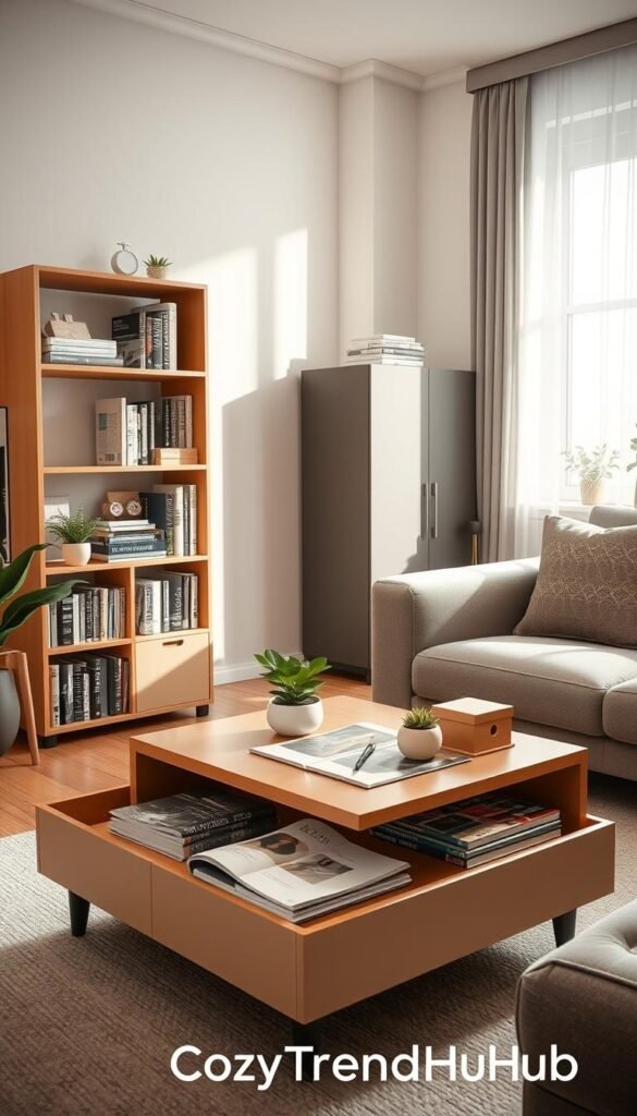 A stylish, cozy living area in a small apartment focusing on innovative storage solutions. In the foreground, a chic multi-functional coffee table with built-in storage displaying neatly arranged magazines and decor items. The middle ground features a compact bookshelf filled with well-organized books and small potted plants, creatively utilizing limited space. In the background, a corner with a sleek, modern cabinet showcasing decorative boxes and additional storage, illuminated by soft, natural light streaming through a window. The atmosphere is serene and inviting, embodying a calm home makeover. The scene reflects a Pinterest-inspired lifestyle, emphasizing practicality, elegance, and simplicity. A subtle brand touch from "CozyTrendHub" can be felt throughout the design elements.