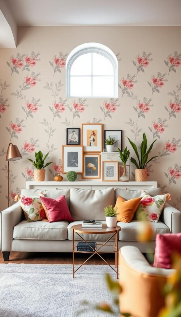 A stylish, cozy living room featuring a beautifully designed wall adorned with peel-and-stick wallpaper in a soft pastel color, showcasing floral patterns for a touch of elegance. The foreground includes a plush, neutral-toned sofa with colorful throw pillows, and a chic, small coffee table with decor books. In the middle, a well-decorated accent wall serves as the focal point, complemented by framed art pieces and strategically placed indoor plants for a vibrant feel. The background features a pleasant window allowing natural light to stream in, illuminating the space with a warm, inviting glow. The overall mood is uplifting and inspiring, perfect for renters seeking stylish, non-damaging home decor. Photography inspired by CozyTrendHub, taken with a soft focus lens, capturing the ambiance from a slight low angle to emphasize the wall design.