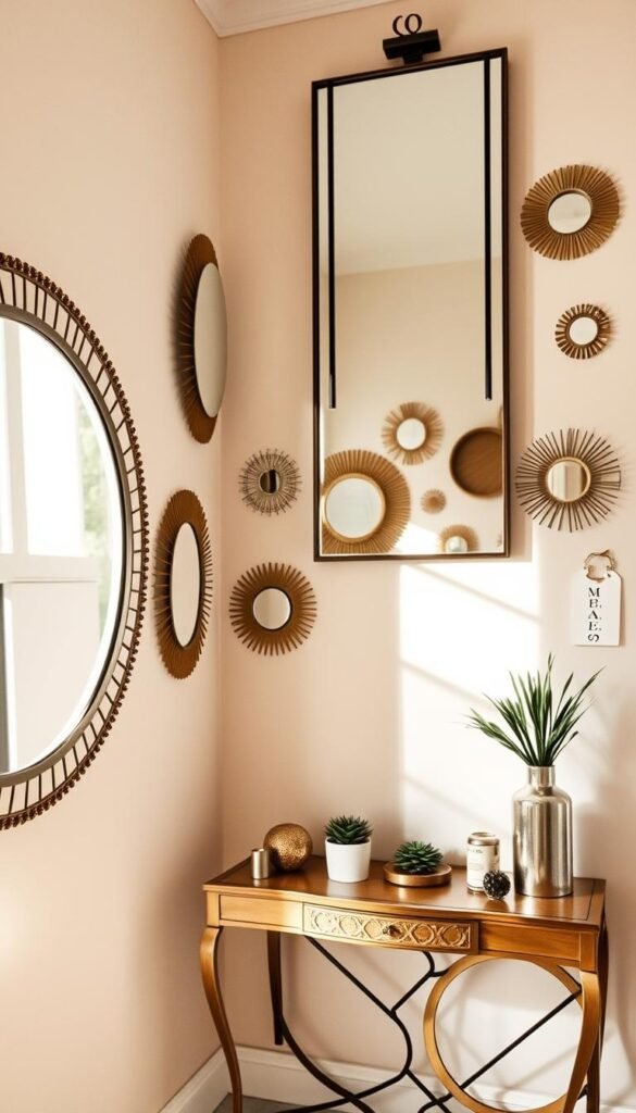 A stylish, cozy small room featuring a variety of decorative mirrors on the walls, creating an illusion of depth and brightness. In the foreground, a chic round mirror with an intricate frame reflects natural light streaming in from a nearby window, while in the middle ground, a large rectangular mirror enhances the sense of space, hanging above an elegant console table adorned with small plants and decorative items. The background contains soft, neutral-colored walls adorned with smaller decorative mirrors that bounce light and add visual interest. The scene is warm and inviting, with soft, diffused lighting emphasizing the textures of the room. Shot from a slight angle to capture the layered reflections, this realistic lifestyle image embodies the essence of modern decor, courtesy of CozyTrendHub.