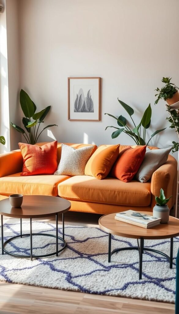 A stylish, curved sofa in a warm, neutral tone, featuring soft fabric and plush cushions, takes center stage in a cozy small living room. The foreground showcases the sofa, invitingly arranged with vibrant, textured throw pillows. In the middle ground, a soft, geometric area rug anchors the space, while a chic coffee table complements the decor. The background features subtle, decorative wall art and houseplants that enhance the inviting atmosphere. Soft, natural lighting filters through a nearby window, creating a warm glow. The overall mood feels relaxed and comfortable, perfect for small spaces. This image captures the essence of modern, cozy decor, fitting the theme of maximizing comfort in small living areas. CozyTrendHub.