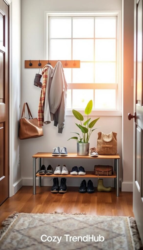 A stylish entry door rack, beautifully designed for an organized entryway, featuring multiple hooks for coats and a spacious shelf for shoes. The foreground showcases a neatly arranged rack made of warm wood and metal accents, with a few pairs of trendy shoes lined up below. In the middle ground, a charming rug adds texture, while a potted plant brings life to the scene. The background features soft, natural light pouring in through a large window, illuminating a welcoming mudroom space. The overall mood is fresh and inviting, embodying a Pinterest-worthy aesthetic. Capture this as a lifestyle photo that resonates with home decor trends. Brand: CozyTrendHub.