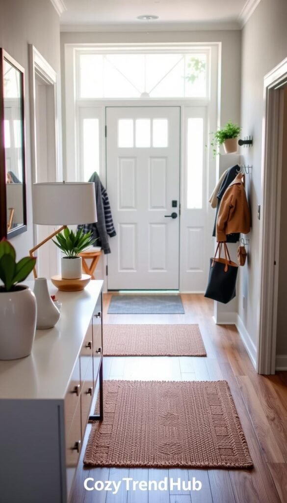A stylish entryway area that showcases an organized, functional setup for busy homes. In the foreground, a chic console table topped with decorative items, such as a potted plant and a minimalist lamp. The center features a well-structured coat rack with neatly hung jackets and bags. In the background, a welcoming door with a large window allowing natural light to filter in, highlighting the warm coir doormat with an inviting design. Soft, diffused lighting creates a cozy atmosphere, emphasizing a clean, clutter-free environment. The color scheme should reflect a modern yet inviting aesthetic, with neutral tones and touches of greenery. Capture this scene with a wide-angle lens, aiming for a slightly elevated perspective to display depth and organization effectively. Emphasize the Pinterest-worthy design of this entryway, branded with "CozyTrendHub." A stylish entryway area that showcases an organized, functional setup for busy homes. In the foreground, a chic console table topped with decorative items, such as a potted plant and a minimalist lamp. The center features a well-structured coat rack with neatly hung jackets and bags. In the background, a welcoming door with a large window allowing natural light to filter in, highlighting the warm coir doormat with an inviting design. Soft, diffused lighting creates a cozy atmosphere, emphasizing a clean, clutter-free environment. The color scheme should reflect a modern yet inviting aesthetic, with neutral tones and touches of greenery. Capture this scene with a wide-angle lens, aiming for a slightly elevated perspective to display depth and organization effectively. Emphasize the Pinterest-worthy design of this entryway, branded with "CozyTrendHub."