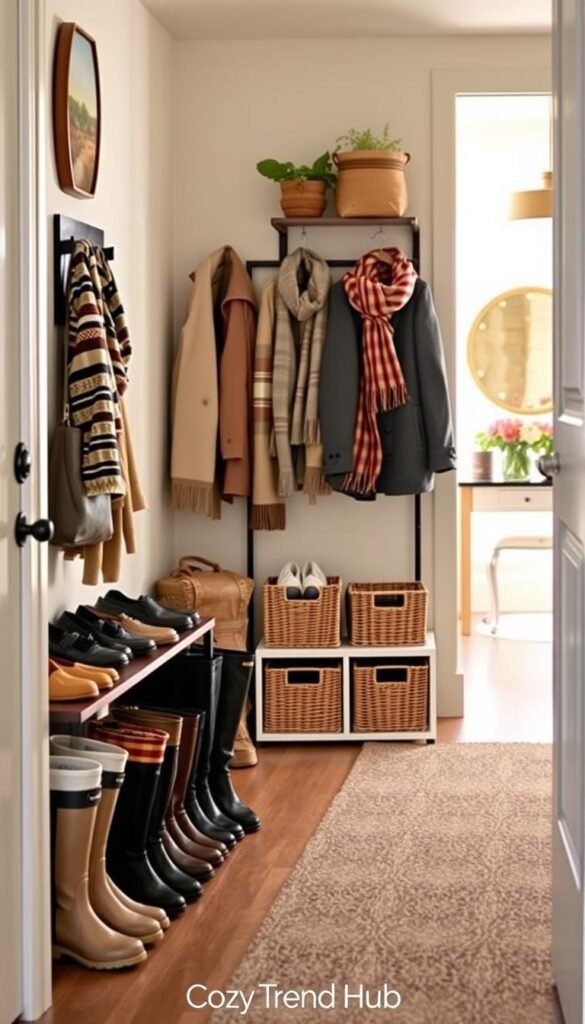 A stylish entryway designed for a busy home, showcasing seasonal layout tips for organization. In the foreground, a neatly arranged shoe rack with various footwear, including rain boots and sneakers, in professional and cozy styles. The middle section features an aesthetically pleasing coat stand adorned with jackets and scarves, reflecting a warm climate, complemented by practical storage baskets. The background reveals a sunlit hallway with a console table, decorated with seasonal plants and flowers. Soft, natural lighting filters in from a nearby window, enhancing the inviting atmosphere. The overall mood is functional yet stylish, embodying the brand "CozyTrendHub" with harmonious blends of colors and textures typical of Pinterest lifestyle photos. A stylish entryway designed for a busy home, showcasing seasonal layout tips for organization. In the foreground, a neatly arranged shoe rack with various footwear, including rain boots and sneakers, in professional and cozy styles. The middle section features an aesthetically pleasing coat stand adorned with jackets and scarves, reflecting a warm climate, complemented by practical storage baskets. The background reveals a sunlit hallway with a console table, decorated with seasonal plants and flowers. Soft, natural lighting filters in from a nearby window, enhancing the inviting atmosphere. The overall mood is functional yet stylish, embodying the brand "CozyTrendHub" with harmonious blends of colors and textures typical of Pinterest lifestyle photos.