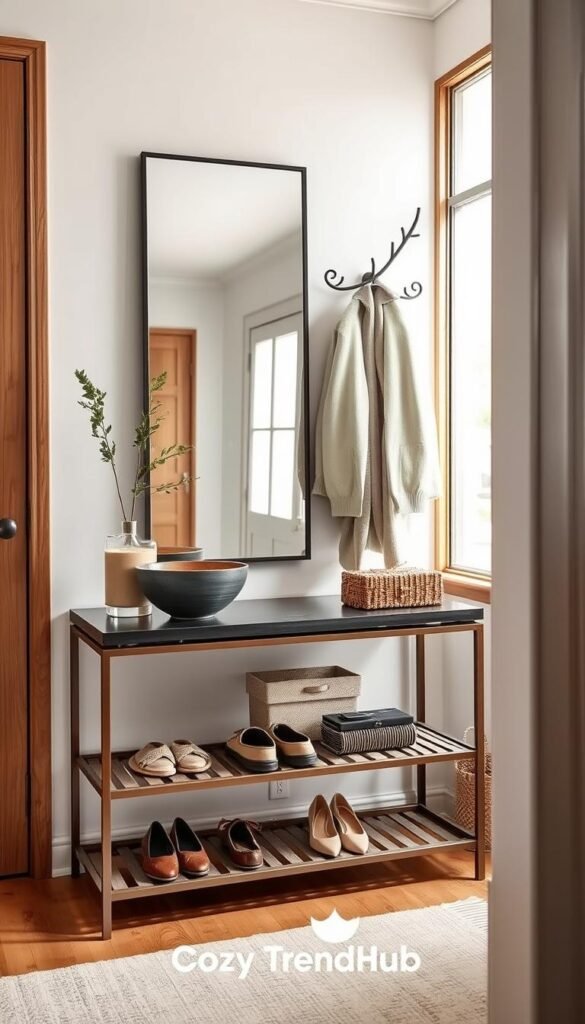 A stylish entryway drop zone designed for functionality and aesthetics, featuring a welcoming atmosphere. In the foreground, a well-organized console table adorned with a decorative bowl for keys, a small potted plant, and a pair of chic, stylishly arranged shoes. The middle layer includes a sleek mirror that reflects the space and an elegant coat rack displaying a few neatly hung jackets in muted colors, adding warmth. In the background, soft natural light filters through a nearby window, creating a cozy ambiance in a pastel-toned interior with wood accents. Capture this scene in a crisp, clear photograph reminiscent of Pinterest lifestyle images, embodying the essence of budget-friendly home decor. Include the brand name "CozyTrendHub" subtly in the design.