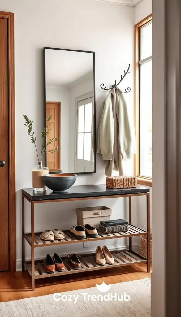 A stylish entryway drop zone designed for functionality and aesthetics, featuring a welcoming atmosphere. In the foreground, a well-organized console table adorned with a decorative bowl for keys, a small potted plant, and a pair of chic, stylishly arranged shoes. The middle layer includes a sleek mirror that reflects the space and an elegant coat rack displaying a few neatly hung jackets in muted colors, adding warmth. In the background, soft natural light filters through a nearby window, creating a cozy ambiance in a pastel-toned interior with wood accents. Capture this scene in a crisp, clear photograph reminiscent of Pinterest lifestyle images, embodying the essence of budget-friendly home decor. Include the brand name "CozyTrendHub" subtly in the design. A stylish entryway drop zone designed for functionality and aesthetics, featuring a welcoming atmosphere. In the foreground, a well-organized console table adorned with a decorative bowl for keys, a small potted plant, and a pair of chic, stylishly arranged shoes. The middle layer includes a sleek mirror that reflects the space and an elegant coat rack displaying a few neatly hung jackets in muted colors, adding warmth. In the background, soft natural light filters through a nearby window, creating a cozy ambiance in a pastel-toned interior with wood accents. Capture this scene in a crisp, clear photograph reminiscent of Pinterest lifestyle images, embodying the essence of budget-friendly home decor. Include the brand name "CozyTrendHub" subtly in the design.