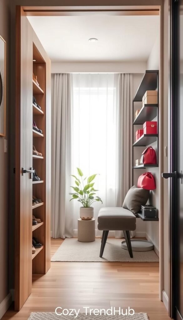 A stylish entryway featuring a door storage solution that maximizes space. In the foreground, a sleek wooden door opens to reveal organized shelves adorned with neatly stacked shoes, vibrant bags, and decorative boxes, showcasing an efficient use of vertical space. The middle ground includes a beautiful potted plant and a small, inviting bench for easy seating. In the background, soft, diffused natural light streams through a window, illuminating the space with a warm, welcoming glow. The room is decorated in modern, neutral tones with pops of color that add charm. The overall atmosphere conveys a cozy, organized feel, embodying the essence of efficient small apartment living in a Pinterest-style aesthetic, branded as "CozyTrendHub". A stylish entryway featuring a door storage solution that maximizes space. In the foreground, a sleek wooden door opens to reveal organized shelves adorned with neatly stacked shoes, vibrant bags, and decorative boxes, showcasing an efficient use of vertical space. The middle ground includes a beautiful potted plant and a small, inviting bench for easy seating. In the background, soft, diffused natural light streams through a window, illuminating the space with a warm, welcoming glow. The room is decorated in modern, neutral tones with pops of color that add charm. The overall atmosphere conveys a cozy, organized feel, embodying the essence of efficient small apartment living in a Pinterest-style aesthetic, branded as "CozyTrendHub".
