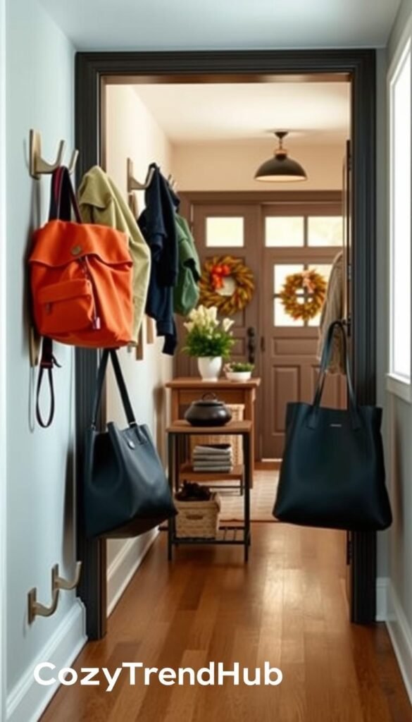 A stylish entryway featuring a modern hook system designed for coats, backpacks, and bags, reflecting an organized and practical home. In the foreground, showcase sleek, wall-mounted hooks with a minimalist design in brushed metal, adorned with hanging jackets, colorful backpacks, and elegant tote bags. The middle ground presents a warm, inviting entryway area with a small console table topped with decorative items like a potted plant and a bowl for keys. The background captures a softly lit space with a welcoming front door and seasonal decor, creating a cozy atmosphere. Use soft, natural lighting to enhance the warmth and texture of the materials. The overall mood should feel fresh and organized, reminiscent of a stylish, Pinterest-worthy home. Include the brand name "CozyTrendHub" subtly in the design.