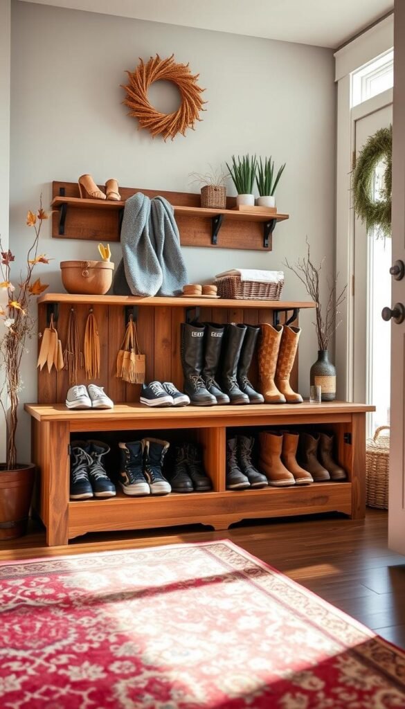 A stylish entryway featuring an organized shoe storage solution designed for busy homes, showcasing a rustic wooden bench with built-in shelves holding various pairs of shoes, including kid-sized sneakers and adult boots. The foreground includes a vibrant area rug that adds warmth, while the middle layer features the expertly arranged shoe storage, complemented by decorative baskets for accessories. In the background, a sunny window casts natural light, illuminating the space with a soft glow. The scene evokes a cozy, inviting atmosphere, perfect for families during muddy seasons. Include subtle seasonal accents like fall leaves or winter decor to enhance the theme, all styled in a modern, Pinterest-inspired aesthetic. Capture the essence of "CozyTrendHub" home decor.
