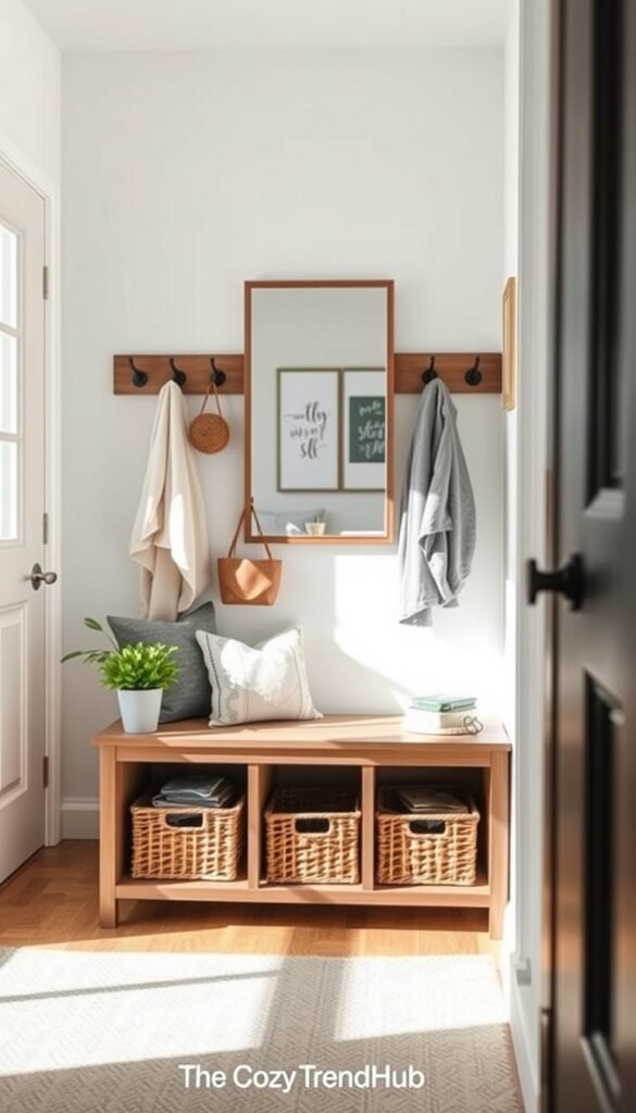 A stylish entryway organizer designed for small spaces, featuring a compact wooden bench with built-in storage, a set of hooks for coats and bags, and decorative baskets below. The foreground showcases a well-arranged space with a cozy throw pillow and a potted plant adding a touch of greenery. In the middle ground, a mirror reflects natural light, enhancing the sense of openness. The background highlights a minimalist wall with artwork, creating a welcoming atmosphere. The scene is brightly lit with soft, diffused daylight, captured at eye level through a wide-angle lens. The mood is inviting and organized, perfect for busy homes. Styled and curated in the Pinterest aesthetic, branded as "CozyTrendHub."