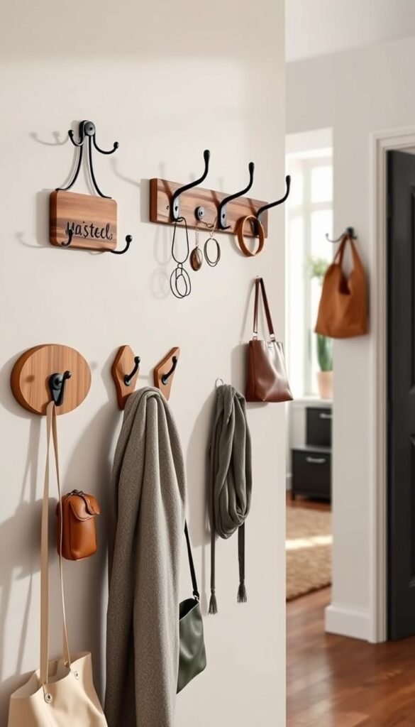 A stylish entryway scene featuring a variety of elegant hooks and pegs for coat storage, arranged on a light-colored wall. In the foreground, there are beautifully designed wooden and metal hooks, perfect for holding coats, scarves, and bags. The middle layer showcases a functional coat rack with a modern aesthetic, complemented by hanging accessories. In the background, a warm and inviting entryway is visible, with a soft rug and minimalistic decor that enhances the organizational theme. Soft, natural lighting filters through a nearby window, casting gentle shadows and highlighting textures. The overall mood is cozy, organized, and welcoming, ideal for a busy home. This image embodies the essence of stylish entryway solutions. CozyTrendHub. A stylish entryway scene featuring a variety of elegant hooks and pegs for coat storage, arranged on a light-colored wall. In the foreground, there are beautifully designed wooden and metal hooks, perfect for holding coats, scarves, and bags. The middle layer showcases a functional coat rack with a modern aesthetic, complemented by hanging accessories. In the background, a warm and inviting entryway is visible, with a soft rug and minimalistic decor that enhances the organizational theme. Soft, natural lighting filters through a nearby window, casting gentle shadows and highlighting textures. The overall mood is cozy, organized, and welcoming, ideal for a busy home. This image embodies the essence of stylish entryway solutions. CozyTrendHub.