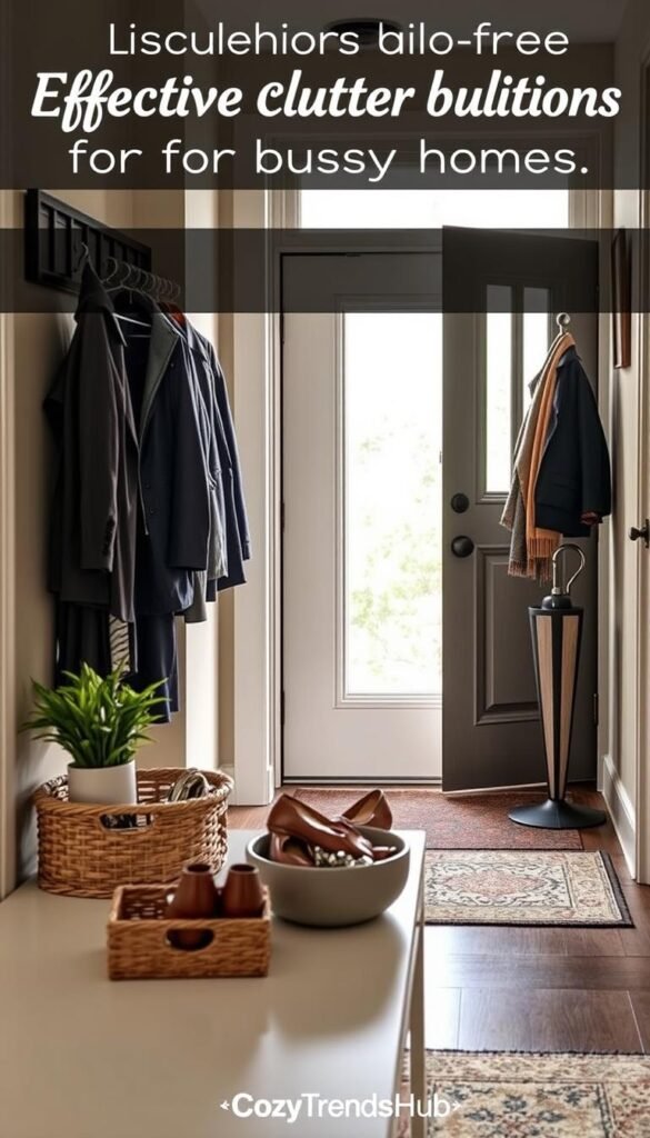 A stylish entryway showcasing effective clutter solutions for busy homes. In the foreground, a neatly organized entry table with a chic basket for shoes, a decorative bowl for keys, and a small potted plant for a touch of greenery. In the middle, a well-hung coat rack with coats in professional business attire and casual clothing, alongside an umbrella stand that adds to the functionality. The background features a welcoming front door with modern design elements, softly illuminated by natural light streaming in through a nearby window, enhancing the warm and inviting atmosphere. The overall mood conveys a sense of order and efficiency, perfect for a busy household. Designed in a Pinterest-style aesthetic with a modern home decor vibe, signed with &ldquo;CozyTrendHub.&rdquo;