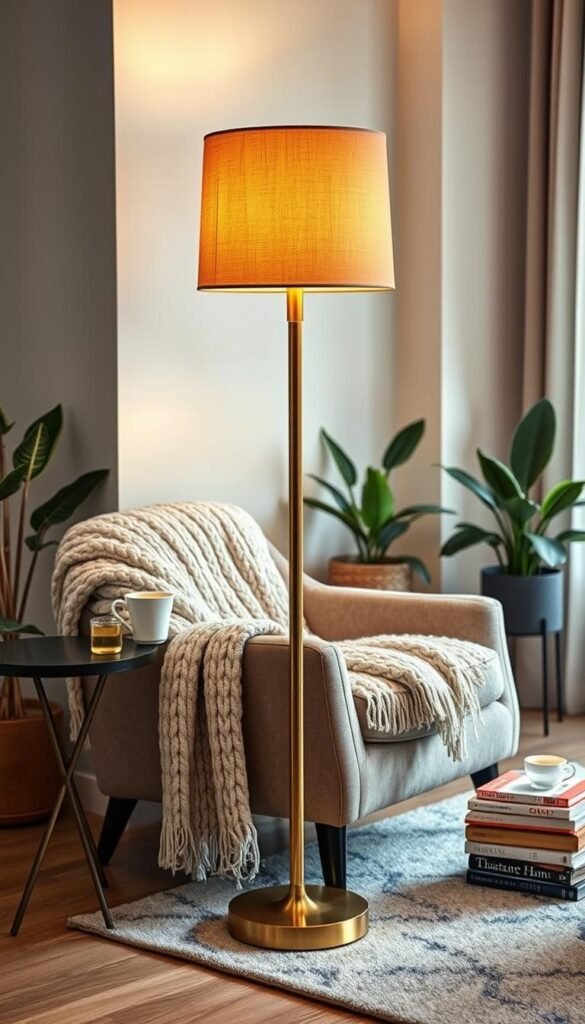 A stylish floor lamp designed for reading corners, showcasing a tall, elegant silhouette with a softly curved lampshade in a warm, inviting fabric. The lamp's base is made of polished brass, adding a touch of sophistication. Place it in a cozy nook with a plush armchair draped in a chunky knit blanket, a small side table with a steaming cup of tea, and a stack of books. The background features a softly lit living room with neutral-colored walls, a stylish rug, and indoor plants softly illuminated by the lamp's warm glow. The scene is captured in a warm, inviting atmosphere, with natural light streaming in through a window. Shot from a slightly elevated angle, akin to a Pinterest lifestyle photo, for a stylish, homey decor vibe. CozyTrendHub.