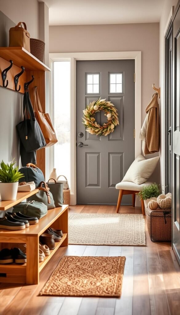 A stylish front door drop zone, featuring a modern entryway with a well-organized space for shoes, bags, and outerwear. In the foreground, a neatly arranged shoe rack in warm wood tones adorned with cozy decorative elements like a small potted plant and a stylish welcome mat. The middle ground showcases a bench with soft cushions and a wall-mounted coat rack, accentuated by artfully organized hooks. The background captures a welcoming front door with a large, decorative wreath. Soft, natural lighting filters in through a frosted sidelight window, creating a tranquil atmosphere. The overall scene reflects a Pinterest-inspired aesthetic, perfect for "CozyTrendHub," with accents of seasonal decor and a clean, inviting vibe. A stylish front door drop zone, featuring a modern entryway with a well-organized space for shoes, bags, and outerwear. In the foreground, a neatly arranged shoe rack in warm wood tones adorned with cozy decorative elements like a small potted plant and a stylish welcome mat. The middle ground showcases a bench with soft cushions and a wall-mounted coat rack, accentuated by artfully organized hooks. The background captures a welcoming front door with a large, decorative wreath. Soft, natural lighting filters in through a frosted sidelight window, creating a tranquil atmosphere. The overall scene reflects a Pinterest-inspired aesthetic, perfect for "CozyTrendHub," with accents of seasonal decor and a clean, inviting vibe.
