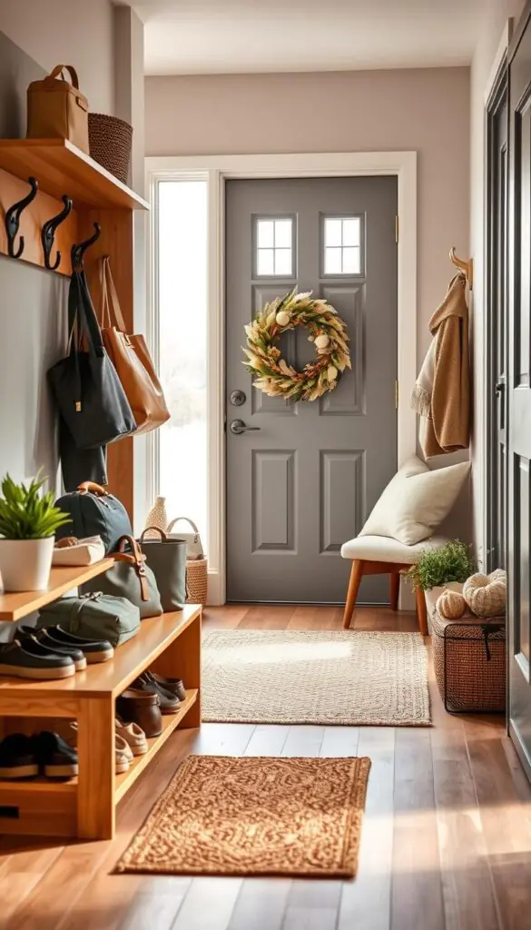 A stylish front door drop zone, featuring a modern entryway with a well-organized space for shoes, bags, and outerwear. In the foreground, a neatly arranged shoe rack in warm wood tones adorned with cozy decorative elements like a small potted plant and a stylish welcome mat. The middle ground showcases a bench with soft cushions and a wall-mounted coat rack, accentuated by artfully organized hooks. The background captures a welcoming front door with a large, decorative wreath. Soft, natural lighting filters in through a frosted sidelight window, creating a tranquil atmosphere. The overall scene reflects a Pinterest-inspired aesthetic, perfect for "CozyTrendHub," with accents of seasonal decor and a clean, inviting vibe.