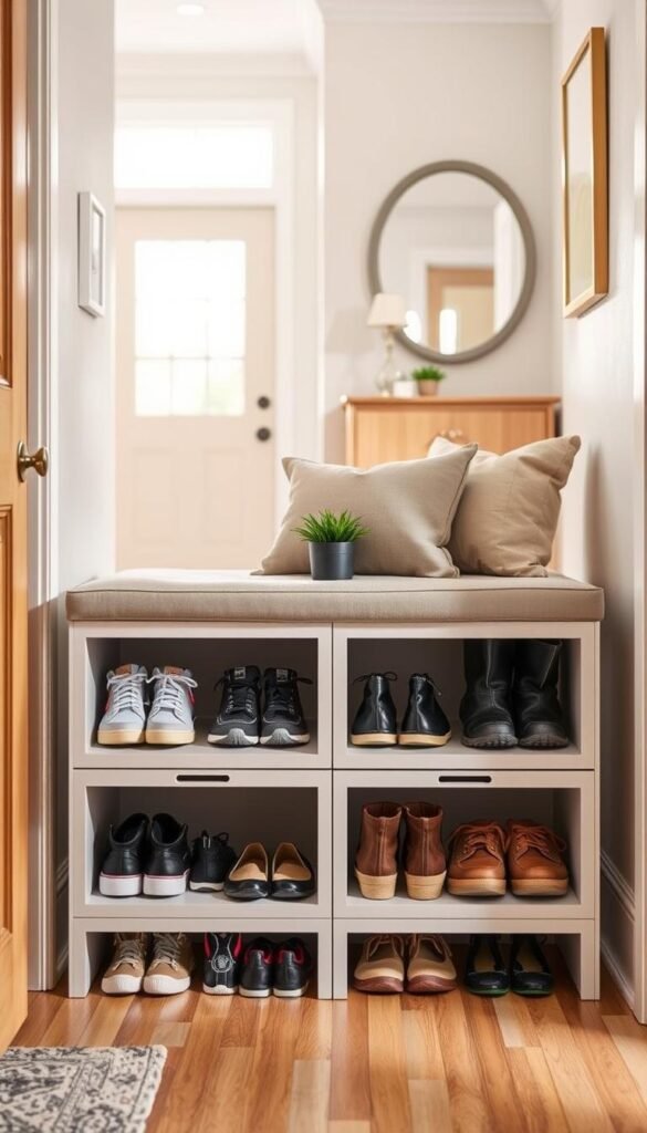 A stylish, functional shoe storage solution designed for small entryways, featuring a compact, modern bench with integrated storage compartments beneath. The foreground showcases neatly organized shoes in various styles—sneakers, boots, and flats—arranged on shelves and inside drawers. In the middle, the bench has a soft, inviting cushion in a neutral tone, accompanied by a small potted plant. The background displays a warm and welcoming entryway with light wood tones and a wall-mounted mirror. Soft, natural lighting filters through a nearby window, creating a cozy atmosphere. The overall mood conveys a blend of practicality and charm, perfect for busy homes. The image reflects the essence of modern organization. CozyTrendHub. A stylish, functional shoe storage solution designed for small entryways, featuring a compact, modern bench with integrated storage compartments beneath. The foreground showcases neatly organized shoes in various styles—sneakers, boots, and flats—arranged on shelves and inside drawers. In the middle, the bench has a soft, inviting cushion in a neutral tone, accompanied by a small potted plant. The background displays a warm and welcoming entryway with light wood tones and a wall-mounted mirror. Soft, natural lighting filters through a nearby window, creating a cozy atmosphere. The overall mood conveys a blend of practicality and charm, perfect for busy homes. The image reflects the essence of modern organization. CozyTrendHub.