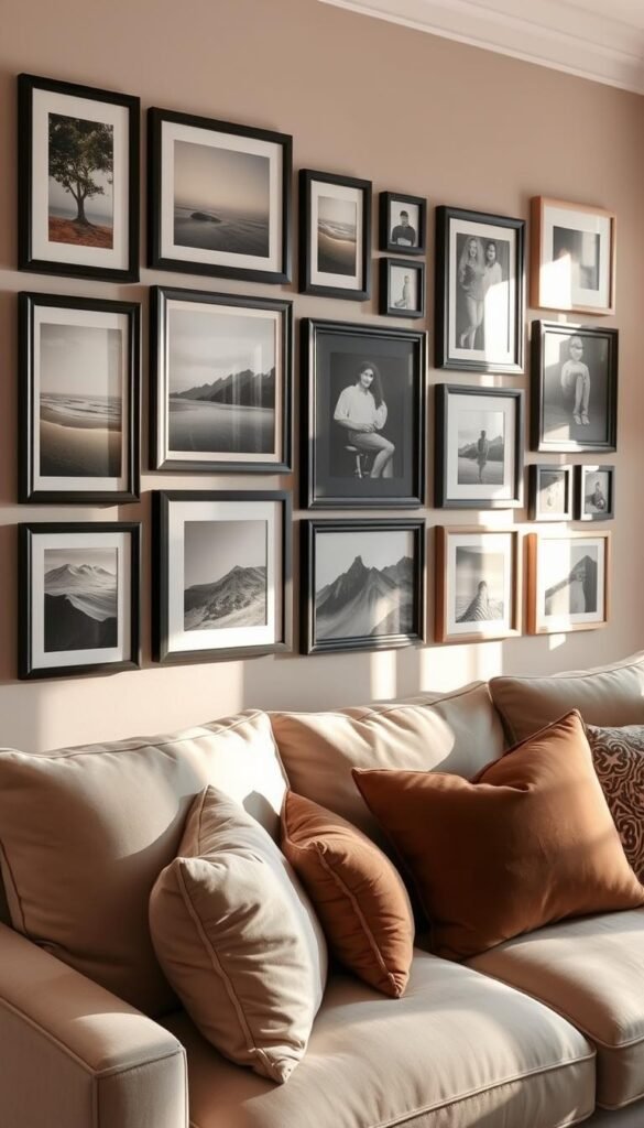A stylish gallery wall featuring an array of adhesive frames and photo tiles, artfully arranged to create a cohesive yet dynamic look. The foreground includes a variety of framed prints showcasing nature scenes, abstract art, and family photos, all with elegant profiles and subtle textures. In the middle, a cozy living space with a soft, neutral-toned sofa complements the wall, adorned with decorative throw pillows. The background captures warm natural light streaming in through a nearby window, casting gentle shadows and enhancing the inviting atmosphere. The overall mood is relaxed and homey, appealing to renters looking for creative decor solutions. This image embodies the spirit of CozyTrendHub, showcasing modern decor that is stylish and practical for any rental space.