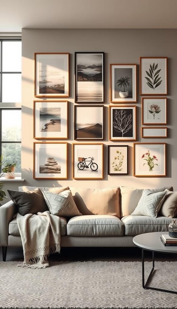 A stylish gallery wall in a modern rental living room, showcasing a collection of framed artwork and photographs. The foreground features a mix of abstract art, landscape photography, and botanical prints, all arranged in a creative yet harmonious layout using damage-free hanging solutions. In the middle, a cozy sofa with decorative cushions and a soft throw blanket complements the decor. The background is softly illuminated by warm, natural light streaming through large windows, creating a bright and inviting atmosphere. The overall mood is relaxed and chic, perfect for renters seeking stylish decor without damage. Capture this scene in a realistic, Pinterest-inspired lifestyle photo for "CozyTrendHub."