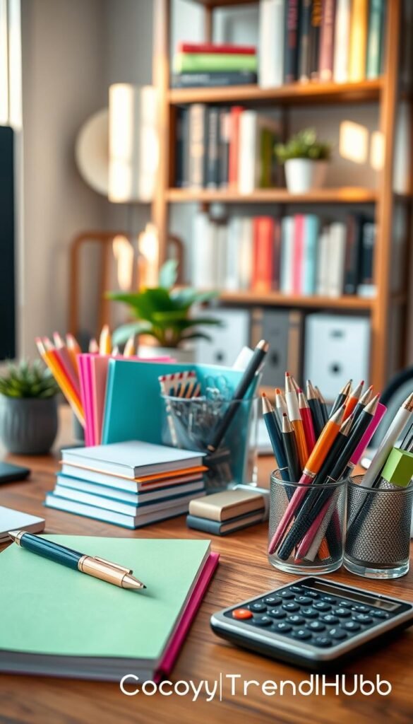 A stylish home office desk setup featuring an array of beautiful office supplies, meticulously arranged. In the foreground, vibrant colored notepads, elegant pens, and a sleek calculator are artistically displayed on a wooden desk. In the middle ground, a glass organizer holds various paper clips and sticky notes, showcasing a harmonious mix of functionality and aesthetics. The background features a softly blurred bookshelf filled with trendy books and a small potted plant, adding a touch of greenery. The scene is illuminated with warm, natural light streaming in from a nearby window, creating an inviting atmosphere. Capture the essence of modern work-from-home decor with a Pinterest-style look, branded as "CozyTrendHub". A stylish home office desk setup featuring an array of beautiful office supplies, meticulously arranged. In the foreground, vibrant colored notepads, elegant pens, and a sleek calculator are artistically displayed on a wooden desk. In the middle ground, a glass organizer holds various paper clips and sticky notes, showcasing a harmonious mix of functionality and aesthetics. The background features a softly blurred bookshelf filled with trendy books and a small potted plant, adding a touch of greenery. The scene is illuminated with warm, natural light streaming in from a nearby window, creating an inviting atmosphere. Capture the essence of modern work-from-home decor with a Pinterest-style look, branded as "CozyTrendHub".