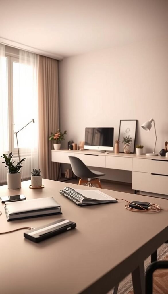 A stylish home office setup featuring a clean, modern workspace in muted tones. In the foreground, a sleek desk with a planner and devices, including a laptop and a smart device, surrounded by decorative items such as potted plants and a minimalistic desk lamp. The middle section showcases elegant cable management solutions, like cord organizers and discreet cable trays, artfully integrated into the furniture. In the background, soft natural light filters through a large window, creating a warm and inviting atmosphere. The composition reflects a Pinterest-worthy aesthetic, highlighting the harmonious blend of functionality and design, embodying the essence of “CozyTrendHub.” The overall mood is organized, serene, and inspiring, perfect for showcasing decor ideas that prioritize a clutter-free environment. A stylish home office setup featuring a clean, modern workspace in muted tones. In the foreground, a sleek desk with a planner and devices, including a laptop and a smart device, surrounded by decorative items such as potted plants and a minimalistic desk lamp. The middle section showcases elegant cable management solutions, like cord organizers and discreet cable trays, artfully integrated into the furniture. In the background, soft natural light filters through a large window, creating a warm and inviting atmosphere. The composition reflects a Pinterest-worthy aesthetic, highlighting the harmonious blend of functionality and design, embodying the essence of “CozyTrendHub.” The overall mood is organized, serene, and inspiring, perfect for showcasing decor ideas that prioritize a clutter-free environment.