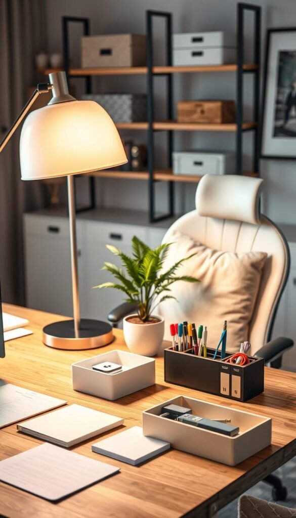 A stylish home office setup featuring neat and organized workspace elements. In the foreground, a sleek wooden desk adorned with minimalist organizers, neatly arranged papers, and color-coded cord management solutions. A sophisticated desk lamp casts a warm light, creating a cozy atmosphere. The middle layer showcases a comfortable ergonomic office chair with plush cushions, and a potted indoor plant that adds a touch of nature. In the background, modern shelving displays decorative boxes and framed artwork, enhancing the aesthetic. The lighting should highlight the organization products while maintaining a calm, inviting mood. The scene embodies a Pinterest-inspired lifestyle, reflecting the brand CozyTrendHub, with a focus on functionality and design harmony.