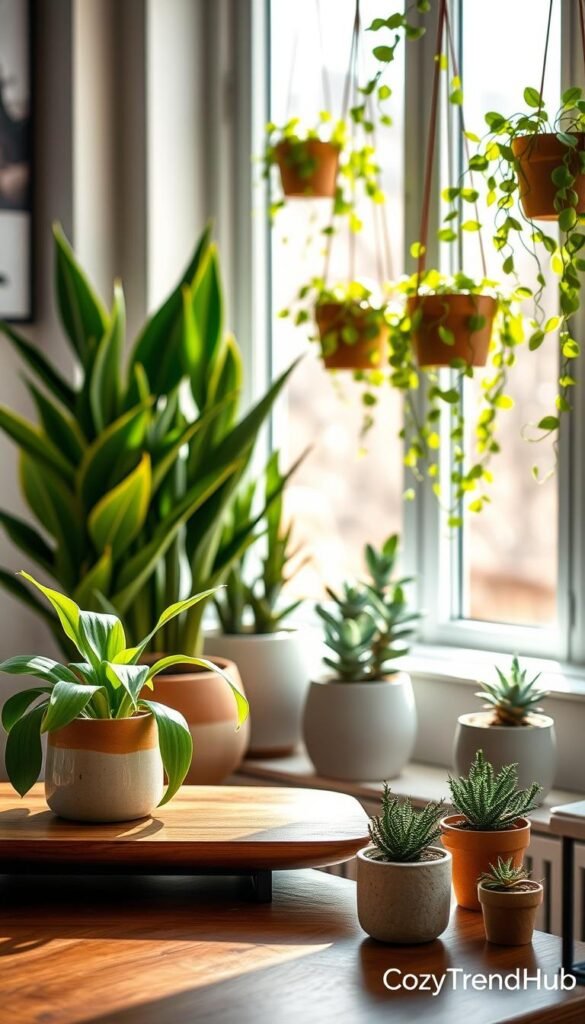 A stylish indoor corner featuring an assortment of low-maintenance plants like snake plants, pothos, and small succulents in modern planters. In the foreground, a sleek wooden table displays a ceramic pot with a vibrant green plant, while the middle ground showcases hanging planters adorned with trailing vines. The background reveals a sunlit window allowing natural light to illuminate the scene, casting gentle shadows that enhance the earthy tones of the plants. The atmosphere is serene and inviting, perfect for a cozy spring vibe. The image should evoke a sense of tranquility and freshness, in line with a Pinterest-style decor. Captured with a soft focus lens, the light is warm and natural, giving a homely feel, branded subtly with "CozyTrendHub."