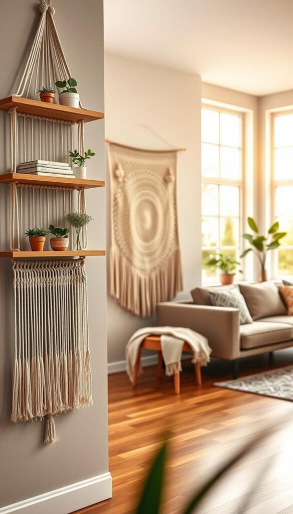 A stylish interior living space showcasing innovative wall decor alternatives that avoid nails and permanent changes. In the foreground, a beautifully arranged macramé wall hanging and a set of elegant floating shelves adorned with small potted plants and decorative books. The middle features a soft, woven tapestry in soothing pastel colors, captivating and inviting. In the background, large windows filter warm, natural light, enhancing the cozy atmosphere. A modern couch with patterned cushions, set against a neutral wall, complements the decor. The flooring is a rich wood that adds warmth to the scene. Capture this lifestyle moment with a soft focus lens, creating a harmonious, Pinterest-inspired aesthetic that reflects the concept of versatile wall decor alternatives. Brand name: CozyTrendHub. A stylish interior living space showcasing innovative wall decor alternatives that avoid nails and permanent changes. In the foreground, a beautifully arranged macramé wall hanging and a set of elegant floating shelves adorned with small potted plants and decorative books. The middle features a soft, woven tapestry in soothing pastel colors, captivating and inviting. In the background, large windows filter warm, natural light, enhancing the cozy atmosphere. A modern couch with patterned cushions, set against a neutral wall, complements the decor. The flooring is a rich wood that adds warmth to the scene. Capture this lifestyle moment with a soft focus lens, creating a harmonious, Pinterest-inspired aesthetic that reflects the concept of versatile wall decor alternatives. Brand name: CozyTrendHub.