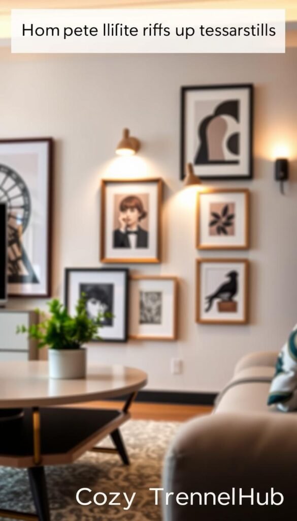 A stylish interior scene showcasing a beautifully decorated apartment wall featuring elegant picture lights and contemporary plug-in sconces, illuminating a selection of framed artworks. In the foreground, a modern coffee table with a small potted plant adds a touch of greenery. The middle ground showcases tastefully arranged artwork in various styles, highlighted by warm, soft lighting from the sconces, creating a cozy ambiance. In the background, light-colored walls and a subtle textured wallpaper enhance the gallery-like atmosphere. The lens captures the scene with a slight depth of field, emphasizing the lights and artwork, while the overall mood is sophisticated and inviting, perfect for a Pinterest-inspired lifestyle setting. Ideal for home decor enthusiasts, branded by CozyTrendHub.