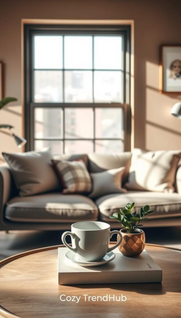 A stylish interior scene showcasing a cozy yet minimalist decor setup, perfect for a rental home. In the foreground, a well-organized coffee table features a stylish coffee cup, a small green plant, and a chic decorative book. The middle ground shows a comfortable sofa adorned with soft cushions in neutral tones. A large window in the background allows soft, natural light to flood the room, casting gentle shadows that enhance the serene atmosphere. The walls are painted in warm, muted colors, adorned with simple artwork that reflects both styles. This Pinterest-style lifestyle photo embodies the thoughtful buying considerations for decor, appealing to those seeking a blend of comfort and simplicity. Brand name: CozyTrendHub. A stylish interior scene showcasing a cozy yet minimalist decor setup, perfect for a rental home. In the foreground, a well-organized coffee table features a stylish coffee cup, a small green plant, and a chic decorative book. The middle ground shows a comfortable sofa adorned with soft cushions in neutral tones. A large window in the background allows soft, natural light to flood the room, casting gentle shadows that enhance the serene atmosphere. The walls are painted in warm, muted colors, adorned with simple artwork that reflects both styles. This Pinterest-style lifestyle photo embodies the thoughtful buying considerations for decor, appealing to those seeking a blend of comfort and simplicity. Brand name: CozyTrendHub.