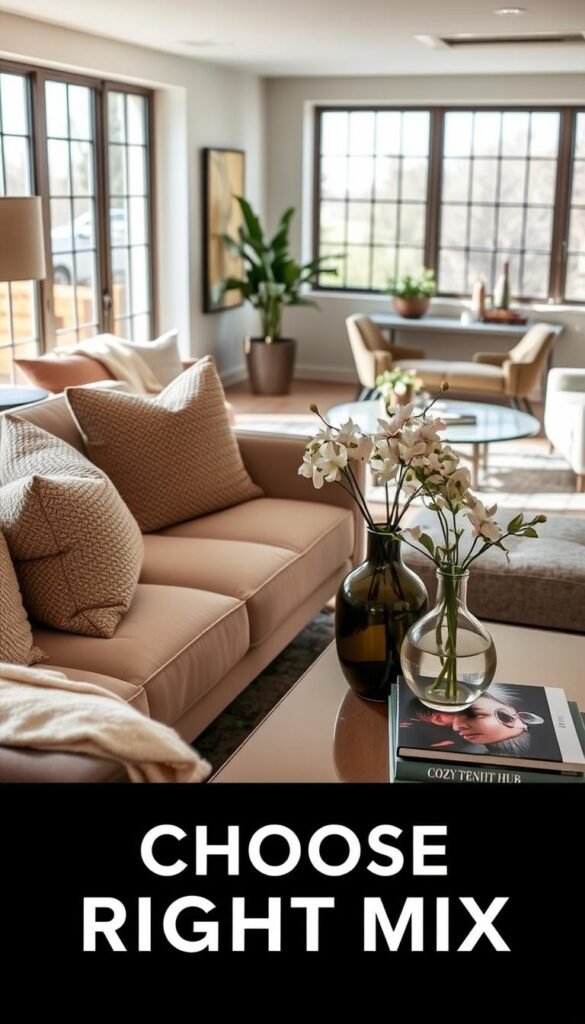 A stylish interior space showcasing a curated mix of budget-friendly and premium decor pieces, set in a beautifully lit living room. In the foreground, a comfortable, elegant sofa adorned with textured throw pillows and a soft blanket invites relaxation. The middle ground features a chic coffee table displaying a mix of affordable and luxury decor, like a sleek vase of fresh flowers and an artistic coffee table book. In the background, large windows bathe the room in natural light, revealing a harmonious blend of colors and textures on the walls and floors. The atmosphere is warm and inviting, with modern furniture elements and cozy accents, invoking a sense of sophisticated yet accessible design. Capturing the essence of "CozyTrendHub," the scene embodies the theme of choosing the right mix for home decor. A stylish interior space showcasing a curated mix of budget-friendly and premium decor pieces, set in a beautifully lit living room. In the foreground, a comfortable, elegant sofa adorned with textured throw pillows and a soft blanket invites relaxation. The middle ground features a chic coffee table displaying a mix of affordable and luxury decor, like a sleek vase of fresh flowers and an artistic coffee table book. In the background, large windows bathe the room in natural light, revealing a harmonious blend of colors and textures on the walls and floors. The atmosphere is warm and inviting, with modern furniture elements and cozy accents, invoking a sense of sophisticated yet accessible design. Capturing the essence of "CozyTrendHub," the scene embodies the theme of choosing the right mix for home decor.