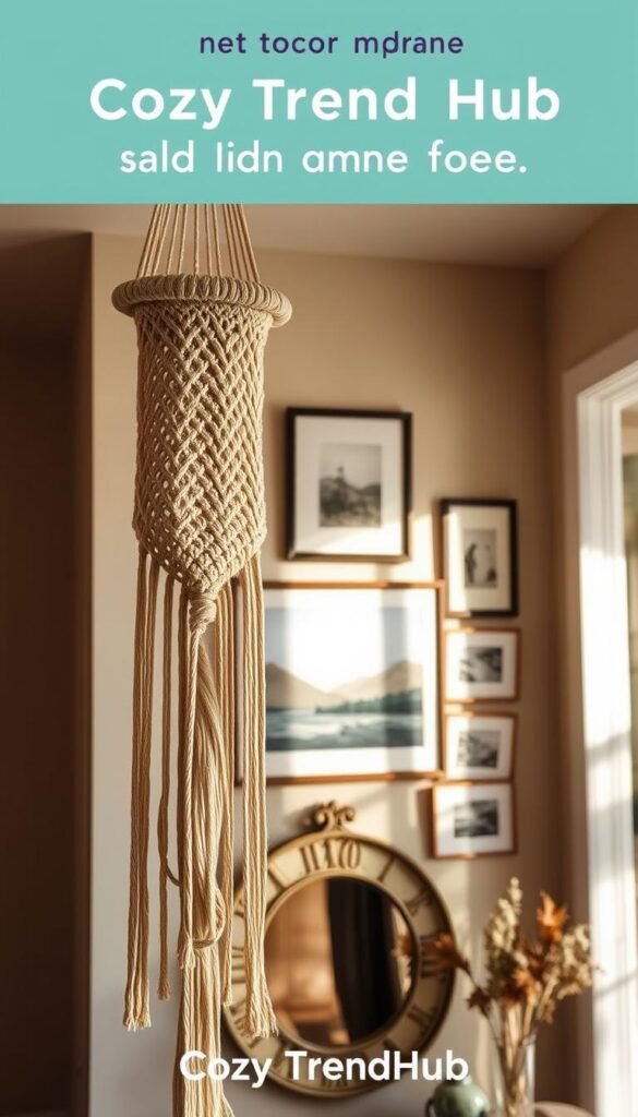 A stylish interior wall featuring a blend of cozy accents that add depth to a warm home atmosphere. In the foreground, a beautifully woven macramé piece hangs elegantly, its intricate patterns creating texture and warmth. In the middle, a collection of meaningful art pieces, including a large framed landscape painting and several smaller abstract prints, adorn the wall, each carefully chosen to evoke emotion and conversation. A vintage mirror reflects soft, natural light, enhancing the inviting ambiance. The background reveals subtle, neutral tones with soft shadows that create depth. The scene is softly illuminated by warm, diffused lighting, reminiscent of a sunny afternoon. Capture this Pinterest-worthy design aesthetic, branded as "CozyTrendHub," emphasizing the warmth and coziness of home decor. A stylish interior wall featuring a blend of cozy accents that add depth to a warm home atmosphere. In the foreground, a beautifully woven macramé piece hangs elegantly, its intricate patterns creating texture and warmth. In the middle, a collection of meaningful art pieces, including a large framed landscape painting and several smaller abstract prints, adorn the wall, each carefully chosen to evoke emotion and conversation. A vintage mirror reflects soft, natural light, enhancing the inviting ambiance. The background reveals subtle, neutral tones with soft shadows that create depth. The scene is softly illuminated by warm, diffused lighting, reminiscent of a sunny afternoon. Capture this Pinterest-worthy design aesthetic, branded as "CozyTrendHub," emphasizing the warmth and coziness of home decor.