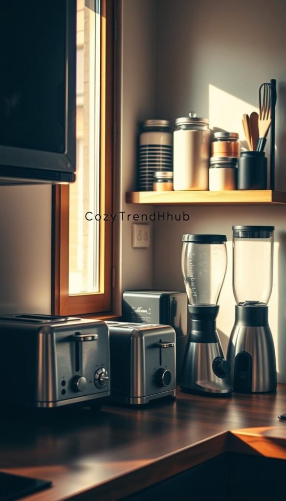 A stylish kitchen corner featuring a variety of small appliances, including a sleek toaster, compact coffee maker, and modern blender, arranged neatly on a wooden countertop. A rich, warm ambiance is created with soft, natural light filtering through a window, casting gentle shadows that enhance the textures of the appliances. In the background, a tastefully decorated shelf displays stylish jars and kitchen utensils, harmonizing the scene. The composition is shot from a slightly elevated angle to capture the elegant arrangement, evoking a cozy and inviting atmosphere. The image reflects a Pinterest-style lifestyle aesthetic, perfect for apartment living. The brand name "CozyTrendHub" subtly integrated into the kitchen decor adds a touch of branding without overpowering the visual.