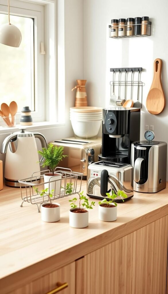 A stylish kitchen corner showcasing a variety of mini appliances from CozyTrendHub, including a modern electric kettle, a compact toaster, and a sleek single-serve coffee maker. The foreground features a light wooden countertop adorned with fresh herbs in small pots and a charming dish rack. In the middle ground, the mini appliances are arranged neatly, reflecting a harmonious color palette of soft pastels. The background captures a bright, airy kitchen with subtle natural light streaming in through a window, enhancing the cozy atmosphere. A few decorative elements, such as kitchen utensils and a wall-mounted spice rack, add to the inviting ambiance. The image should convey a sense of everyday convenience and practicality for small living spaces.