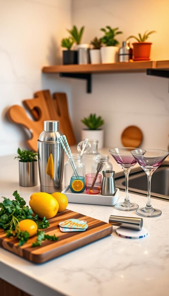 A stylish kitchen countertop adorned with a vibrant array of entertaining gifts, including a chic cocktail shaker, elegant martini glasses, and a vivid selection of unique coasters. In the foreground, a modern wooden cutting board holds fresh herbs and citrus fruits, while in the middle, a small decorative tray displays colorful cocktail utensils and a trendy jigger. The background features a well-organized kitchen shelf with potted plants and minimalistic kitchen gadgets. Soft, warm lighting creates an inviting atmosphere, emphasizing the cozy yet sophisticated decor style. The scene should evoke a sense of fun and functionality, perfect for small apartment living. Capture this in a realistic, Pinterest-style aesthetic, fitting for CozyTrendHub.