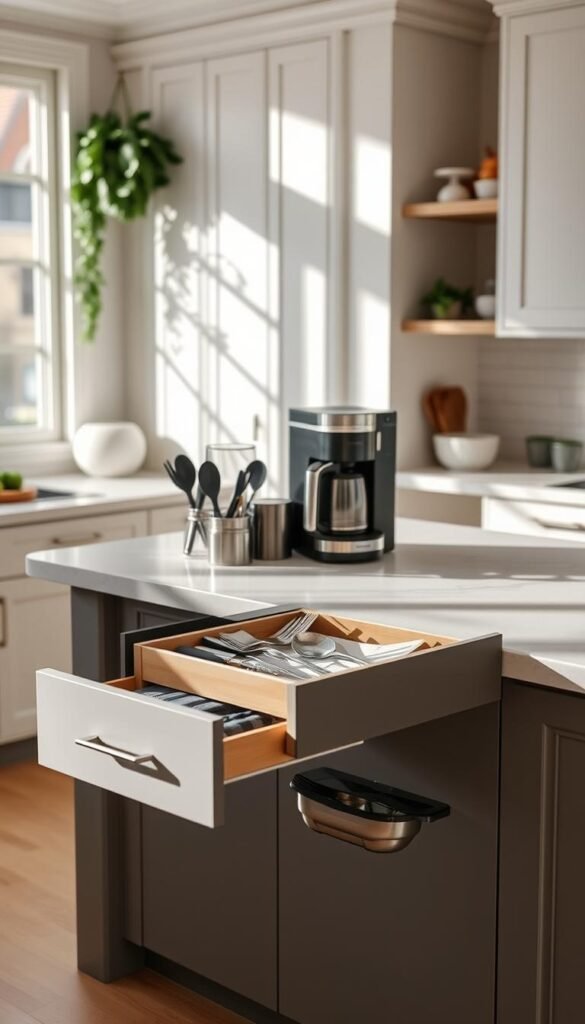 A stylish kitchen countertop featuring a modern appliance base that cleverly conceals a sleek, hidden drawer, designed to enhance prep space. In the foreground, the open drawer reveals organized kitchen utensils and tools, neatly arranged for accessibility. The middle ground showcases a contemporary coffee maker and a blender, harmonizing with the kitchen aesthetic. The background features light-colored cabinetry and a minimalist decor, complemented by natural light streaming in from a large window, casting gentle shadows. The scene radiates a warm, inviting atmosphere, perfect for home enthusiasts. Capture this image in a soft focus with a slight overhead angle, emphasizing the tidy organization of the countertop. This lifestyle photo should embody the essence of CozyTrendHub's stylish yet functional home decor. A stylish kitchen countertop featuring a modern appliance base that cleverly conceals a sleek, hidden drawer, designed to enhance prep space. In the foreground, the open drawer reveals organized kitchen utensils and tools, neatly arranged for accessibility. The middle ground showcases a contemporary coffee maker and a blender, harmonizing with the kitchen aesthetic. The background features light-colored cabinetry and a minimalist decor, complemented by natural light streaming in from a large window, casting gentle shadows. The scene radiates a warm, inviting atmosphere, perfect for home enthusiasts. Capture this image in a soft focus with a slight overhead angle, emphasizing the tidy organization of the countertop. This lifestyle photo should embody the essence of CozyTrendHub's stylish yet functional home decor.