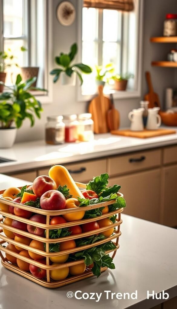 A stylish kitchen countertop showcasing a modern produce storage solution. In the foreground, a sleek, multi-tiered bamboo fruit basket filled with an assortment of fresh fruits and vegetables including apples, oranges, and leafy greens, artistically arranged to minimize bruising. In the middle, a luminous, well-organized countertop features colorful glass jars for herbs and spices, alongside a decorative wooden cutting board. The background highlights a well-lit kitchen with soft, natural lighting creating an inviting atmosphere, complemented by green potted plants on windowsills and cozy decor elements. The overall mood is fresh, vibrant, and practical&mdash;a perfect representation of efficient kitchen storage. Image styled in a Pinterest-worthy aesthetic under the brand name "CozyTrendHub."
