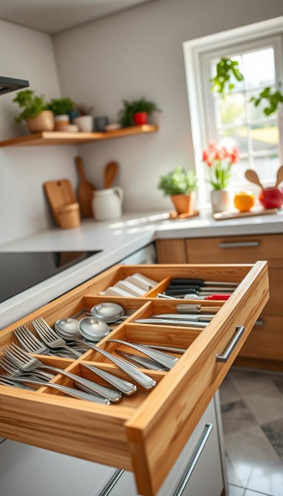 A stylish kitchen drawer organizer displayed in a modern kitchen setting, filled with various utensils such as forks, spoons, and knives, along with a section for miscellaneous items often found in junk drawers. The drawer is crafted from natural bamboo, featuring a sleek design that promotes efficient organization. The foreground showcases the neatly arranged utensils, while the middle ground reveals the smooth, elegant texture of the bamboo organize. The background shows a cozy kitchen ambiance with soft, natural light filtering through a window, highlighting the kitchen decor, including potted herbs and colorful dishware. The angle is slightly overhead, capturing the full layout while evoking a sense of warmth and practicality. This image reflects the "CozyTrendHub" aesthetic, embodying a homey yet functional vibe, perfect for illustrating kitchen organization ideas. A stylish kitchen drawer organizer displayed in a modern kitchen setting, filled with various utensils such as forks, spoons, and knives, along with a section for miscellaneous items often found in junk drawers. The drawer is crafted from natural bamboo, featuring a sleek design that promotes efficient organization. The foreground showcases the neatly arranged utensils, while the middle ground reveals the smooth, elegant texture of the bamboo organize. The background shows a cozy kitchen ambiance with soft, natural light filtering through a window, highlighting the kitchen decor, including potted herbs and colorful dishware. The angle is slightly overhead, capturing the full layout while evoking a sense of warmth and practicality. This image reflects the "CozyTrendHub" aesthetic, embodying a homey yet functional vibe, perfect for illustrating kitchen organization ideas.