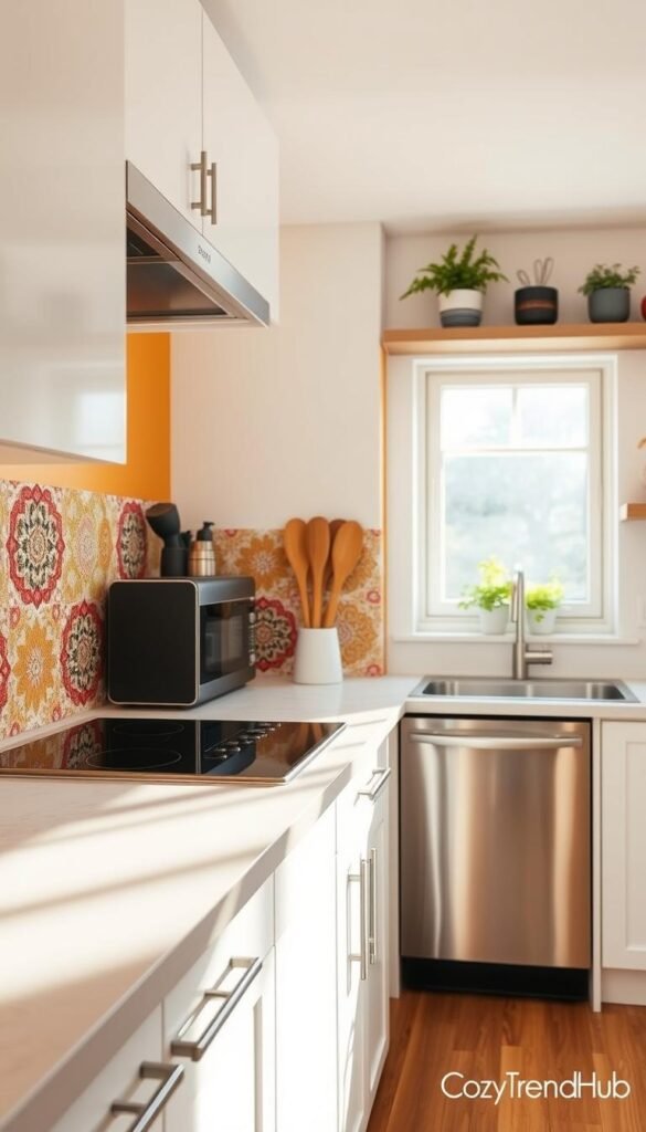A stylish kitchen featuring a decorative wall and backsplash ideal for renters. In the foreground, a lovely, removable peel-and-stick backsplash displays intricate, colorful patterns complementing the warm hues of the walls. The middle of the scene showcases a bright, inviting kitchen with stainless steel appliances and modern cabinetry. Soft, natural light streams in from a nearby window, enhancing the cozy atmosphere. The background includes potted herbs and decorative kitchen utensils on open shelves, adding a lively touch. Capture the essence of renter-friendly decor that is both practical and aesthetically pleasing, reflecting the brand "CozyTrendHub." Use a wide-angle lens to create an inviting, spacious feel, ensuring a Pinterest-style lifestyle vibe.