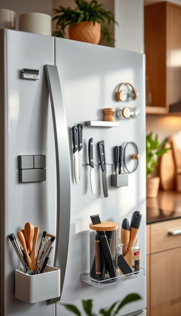 A stylish kitchen featuring a modern fridge adorned with various fridge magnetic storage solutions. In the foreground, neatly organized magnetic containers hold essential tools and kitchen knives, showcasing their utility and aesthetic appeal. The middle layer captures the fridge&rsquo;s surface, beautifully decorated with minimalist magnetic storage designs, some transparent, displaying attractive kitchenware. In the background, a cozy kitchen ambiance is established with soft natural lighting, highlighting warm wood accents and green plants to evoke a homely atmosphere. The photo is shot at eye level with a slight angle to emphasize depth and organization, reflecting the trendy and practical style of CozyTrendHub.