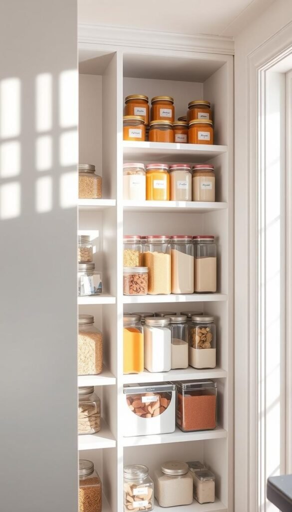 A stylish kitchen pantry featuring narrow shelves equipped with sleek, modern shelf risers to optimize vertical storage space. In the foreground, colorful jars with labeled lids are neatly organized on the top shelf, while the middle shelf displays an array of baking supplies in clearly visible containers. The background showcases a light, airy atmosphere with soft white walls and natural light flowing in from a nearby window, creating gentle shadows. The scene captures a Pinterest-worthy lifestyle, emphasizing organization and accessibility, with a cozy and inviting feel. The shot is taken from a slightly elevated angle, highlighting the depth and layers of the shelves. The overall aesthetic embodies a clean, minimalistic design, conveying a sense of harmony and practicality, showcasing a well-curated pantry setup. Styled by CozyTrendHub.
