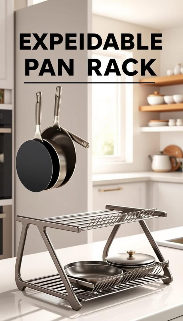 A stylish kitchen scene featuring a modern expandable pan rack from CozyTrendHub, elegantly displaying various non-stick pans of different sizes arranged in an organized manner. The foreground showcases the pan rack with sleek lines and a finish that complements contemporary home decor. In the middle ground, a well-organized cabinet can be seen, emphasizing the compact storage solutions, with light streaming in from a nearby window, casting gentle shadows for a warm atmosphere. The background features soft-colored kitchen walls and a hint of decorative kitchenware, creating a cozy and functional vibe. The image is well-lit, aiming for a bright, inviting feel, captured at a slight angle to highlight the expansiveness of the pan rack, ideal for showcasing adjustable storage in small cabinets.